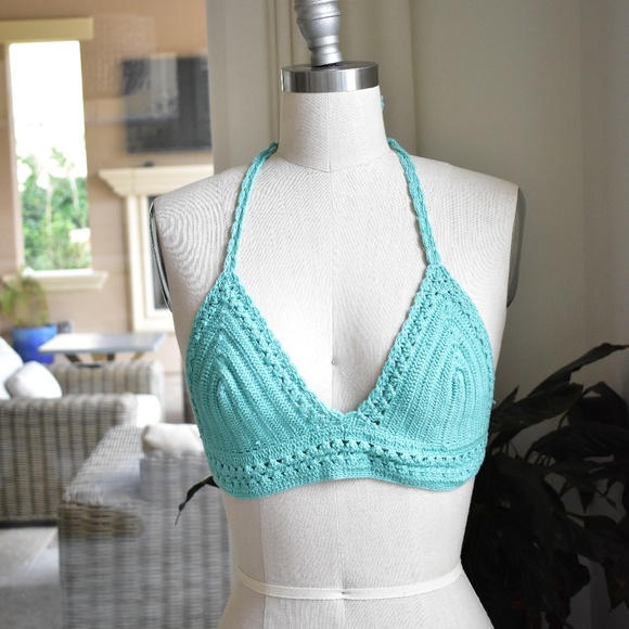 Turquoise Hand-Crochet Crop Bikini Top - Picture 2 of 7